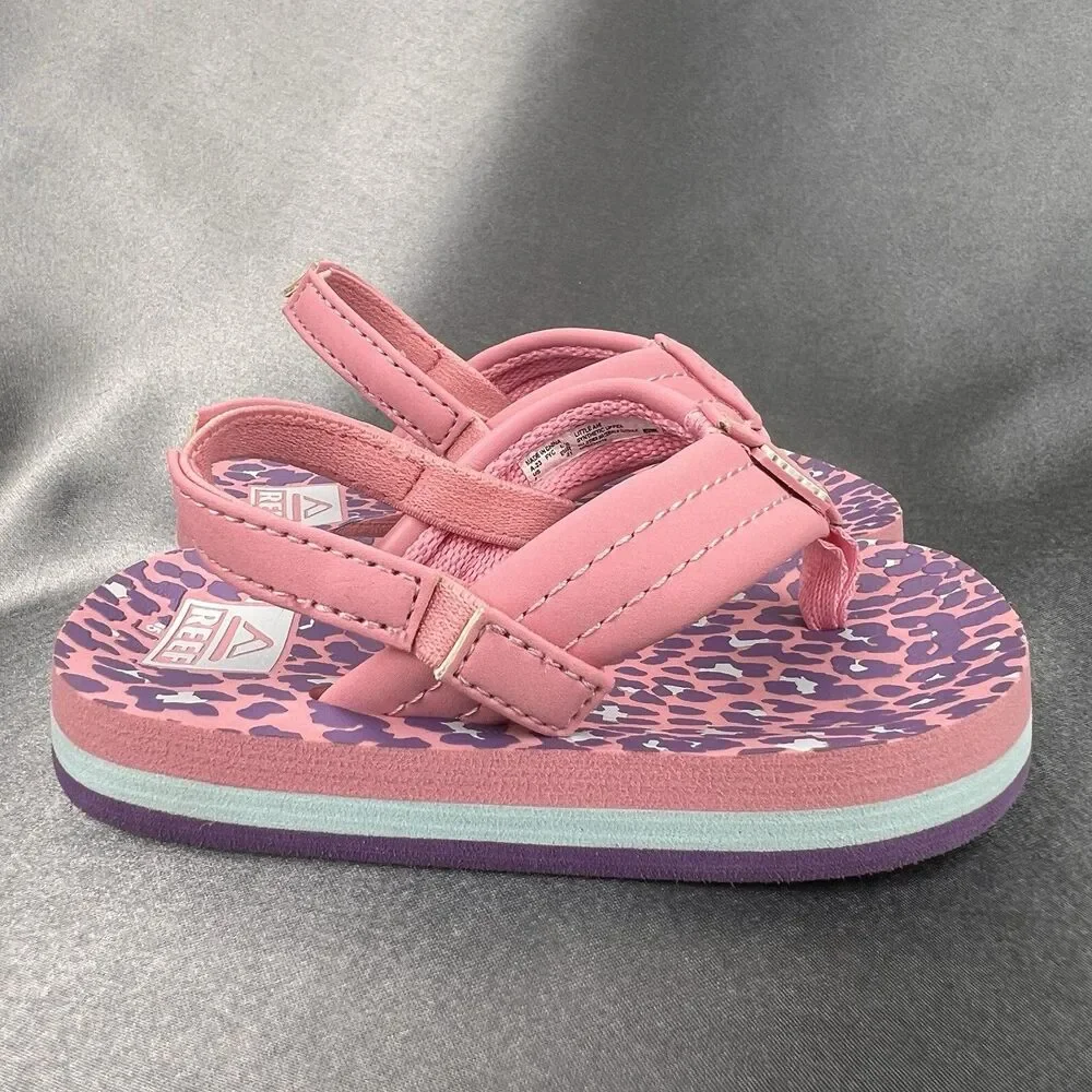 REEF Lil Ahi Toddler's 5 Slingback‎ Sandals Pink Cheetah Summer Flip Flops Beach